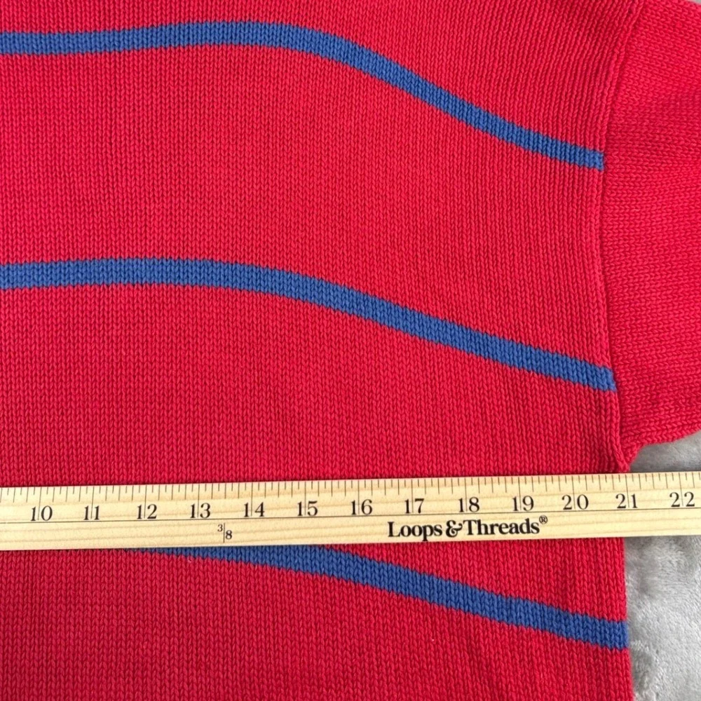 Eddie Bauer Sweater Mens L Striped Red Blue Cotton Shaker Knit EUC